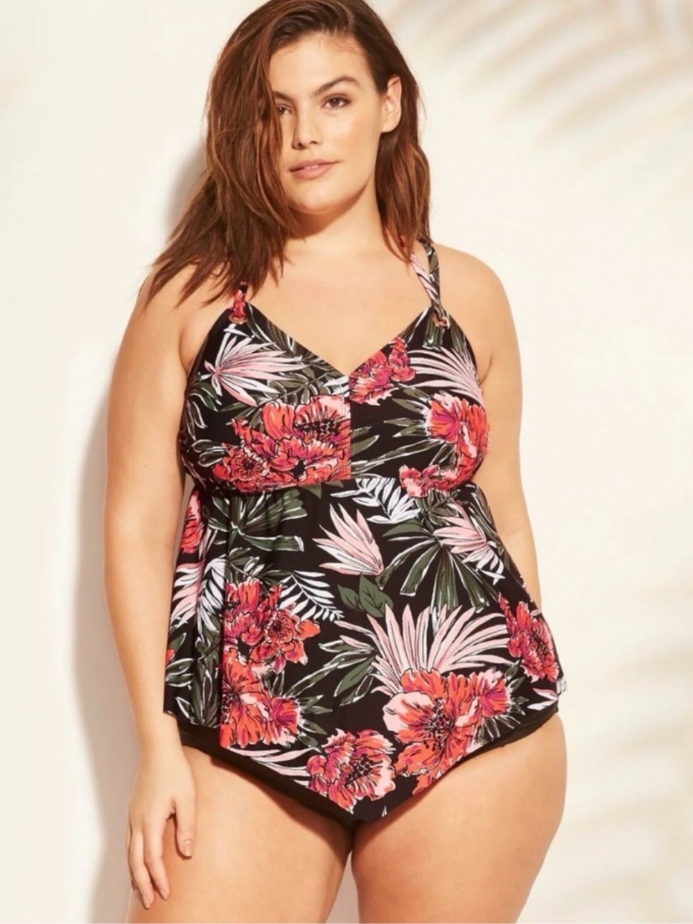 Kona Sol Black Floral Tankini with Orange Pink Floral Blooms Size 22W